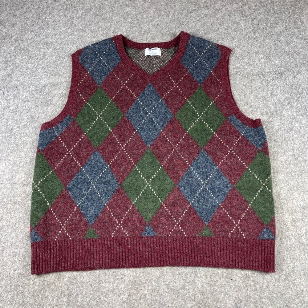 Old Navy Mens XL Argyle Sweater Vest Autumn Burgundy Wool Blend V-Neck Academia